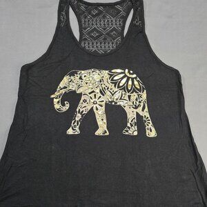 Elephant Print A-Line Tank Top XL Lace Back Metallic Gold Accents